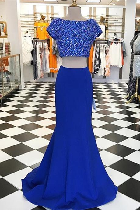 Two Piece Prom Dress,dark Blue Prom Dresses,2 Piece Short Sleeve Evening Dress, Evening Dresses,women Dress