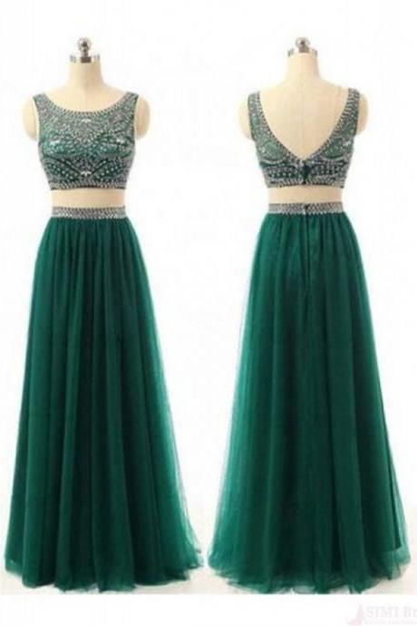Two Piece Prom Dress,dark Green Prom Dresses,2 Piece Sleeveless Prom Dress,long Evening Dress, Evening Dresses,women Dress