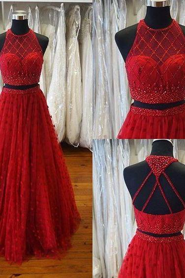 New Arrival Two Piece Prom Dress, Sexy Long Prom Dress,Halter Red Prom Gown,Tulle Beads Prom Party Dress,2017 Prom Dresses
