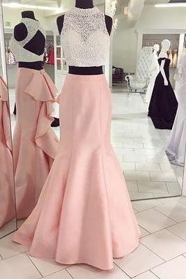 New Arrival Sexy Prom Dress, Two Piece Prom Dress,Beaded Prom Dresses,High Neck Long Evening Dress,Formal Women Dress