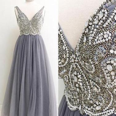 Custom Made V-neck Beaded Embroidery Chiffon Long Prom Dresses , Wedding Dress