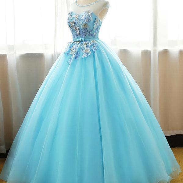 Ball Gown Prom Dress, Appliques Tulle Prom Dresses, Elegant Evening ...