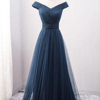 Off Shoulder Navy Blue Tulle Prom Dress , Sweep Train Evening Dresses, Elegant Long Homecoming Dress 