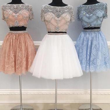 Short Prom Dresses, Beaded Tulle Homecoming Dress, Two Piece Prom Gown with Short Sleeve 