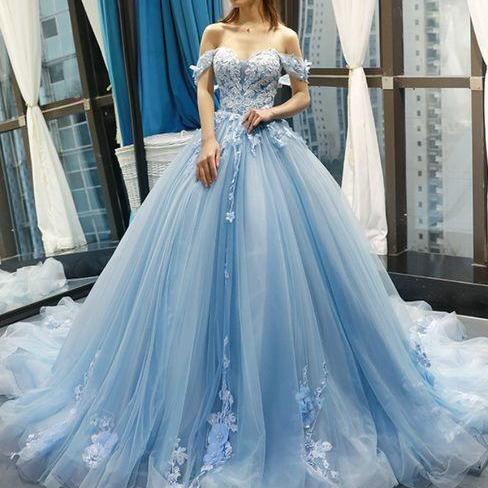 Blue Off the Shoulder Ball Gown Tulle Prom Dress, Sexy Appliques Tulle Evening Dress, Sweet 16 Dresses for Teens