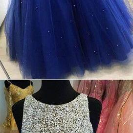 Gergeous Scoop Neck Tulle Ball Gown Prom Dresses with Crystal Beading, Cheap Sweet 16 Dress