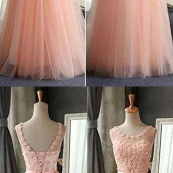 Elegant Tulle Appliques Floor Length Prom Dress, Cheap Lace up Homecoming Dress 