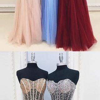 Charming Prom Dress, Elegant Strapless Appliques Tulle Prom Dresses, Long Evening Party Dress 