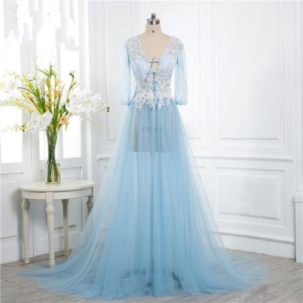 Custom Made Light Blue Evening Dress,lace Long See Though Formal ...