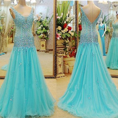 Crystal Beading Mermaid Evening Dress,light Blue Evening Gown, V Neck ...
