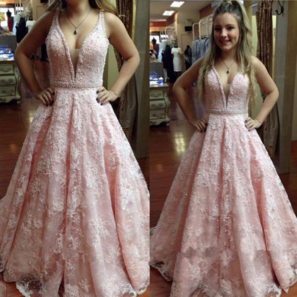V Neck Beaded Prom Dress,Sexy Prom Dresses,Lace and Appliques Wedding Party Dress,Tulle Evening Dress,Formal Dresses