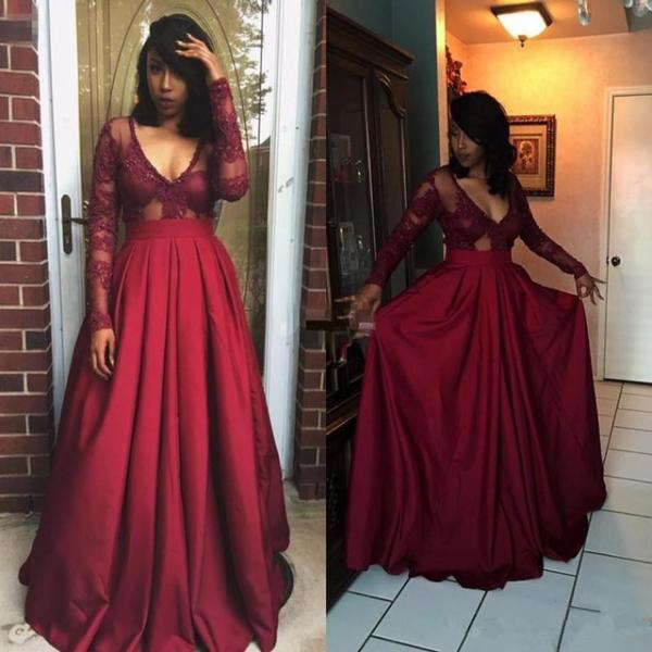 Burgundy Prom Dresses Long Sleeve Applique Floor Length Prom Gowns Formal Gowns