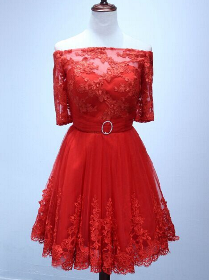 Charming Prom Dress, Short Sleeve Lace Prom Dresses, Tulle Prom Gowns