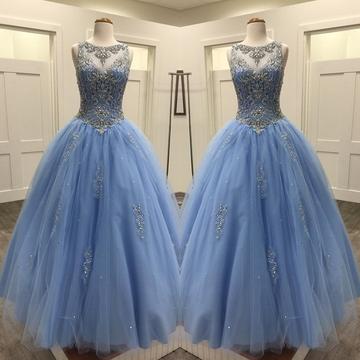 Vintage Blue Ball Gown Prom Dress Tulle Appliques Lace Up Formal ...