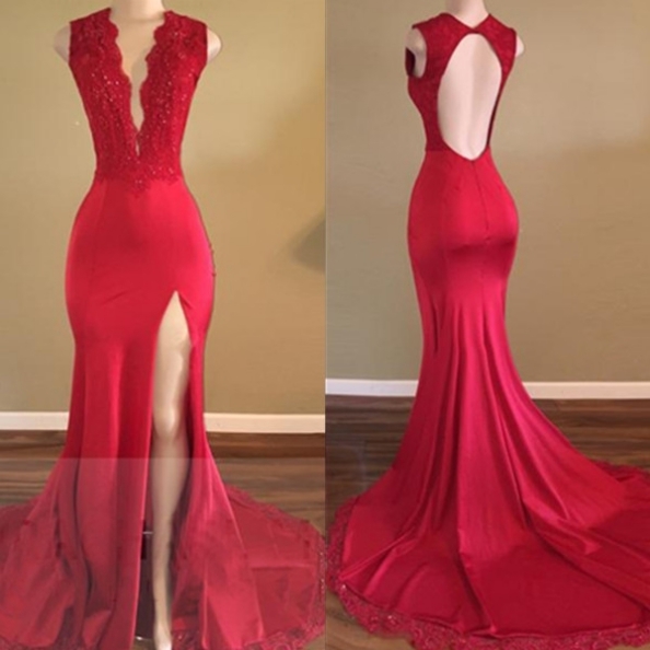 Sexy Sleeveless Prom Dress, Red Split Slit Mermaid Prom Dresses, Long ...