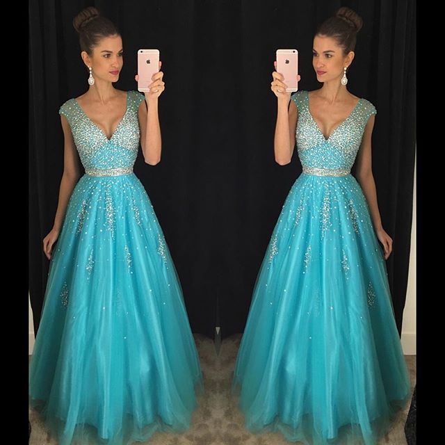 Elegant V Neck Beadings Long A Line Tulle Evening Dresses Sexy V Neck Elegant Party Prom Gown On 2380