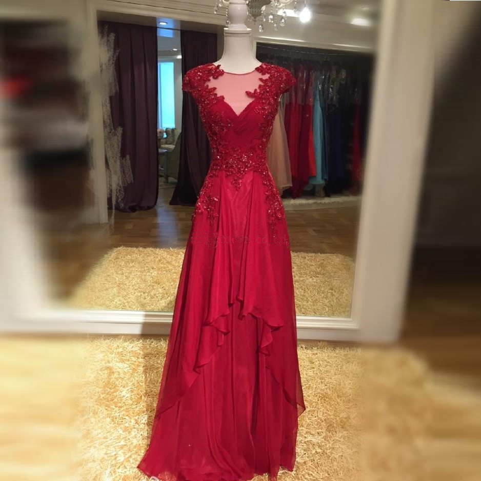 Charming Evening Formal Gown,Red Chiffon Prom Dress, Beading Prom Dress ...