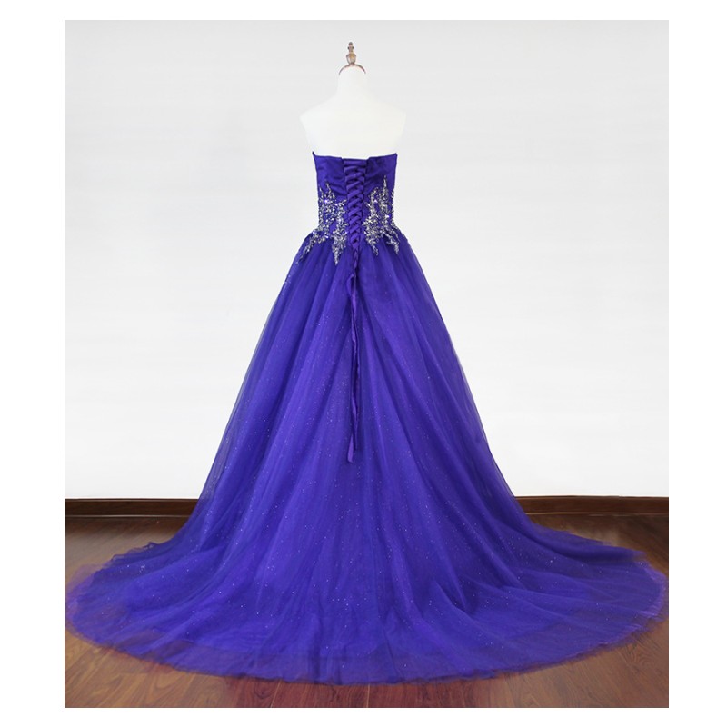 Royal Blue Prom Dress With Beaded Long Puffy Tulle Foraml Evening Dress ...
